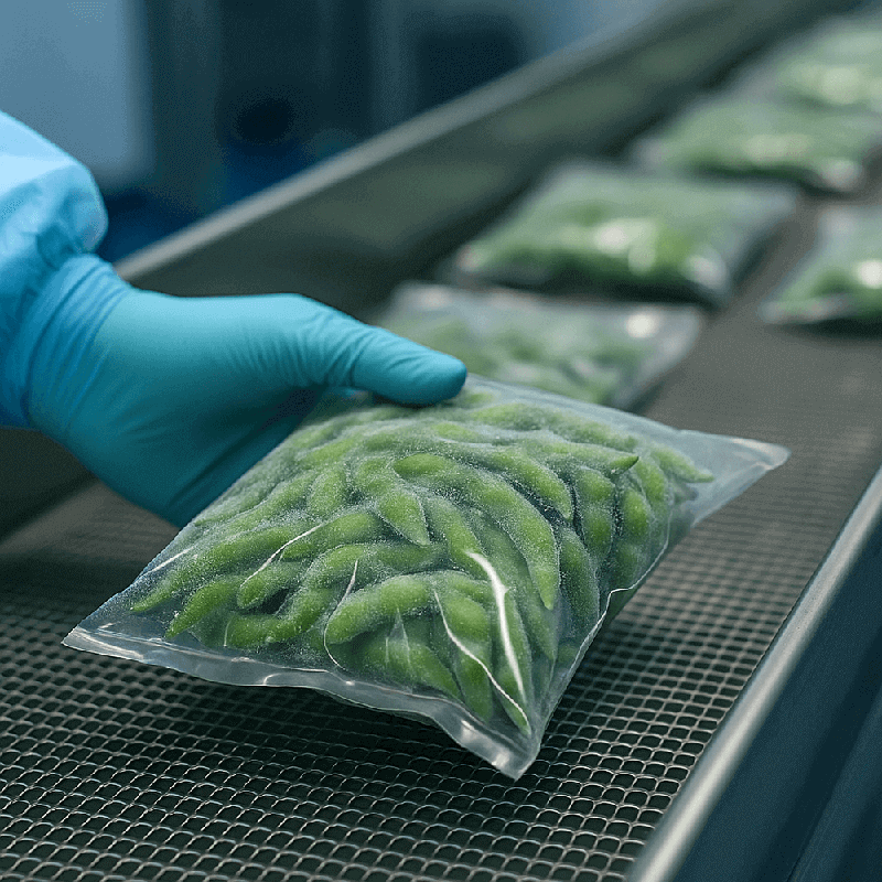 Worker holding vacuum-packed frozen edamame on a stainless steel conveyor belt in a frozen food processing facility.