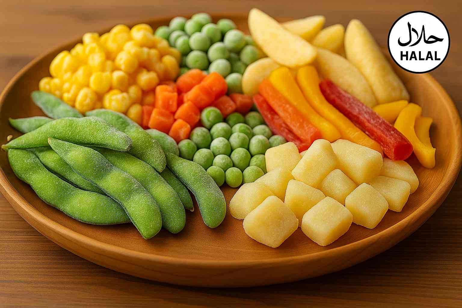 HALAL frozen food supplier – assorted vegetables including edamame, corn, okra, potatoes, paprika
