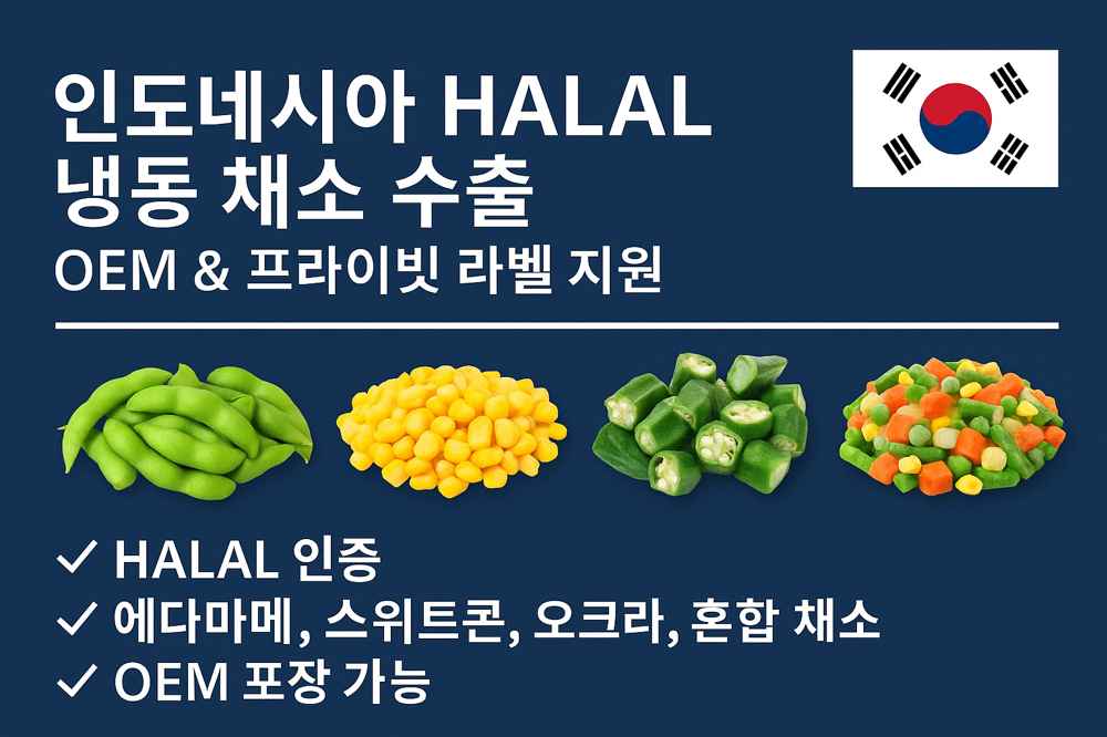 인도네시아 HALAL 냉동 채소 수출 프로모션 – 한국 시장 대상 수평형 이미지, 에다마메, 스위트콘, 오크라, 혼합 채소 포함