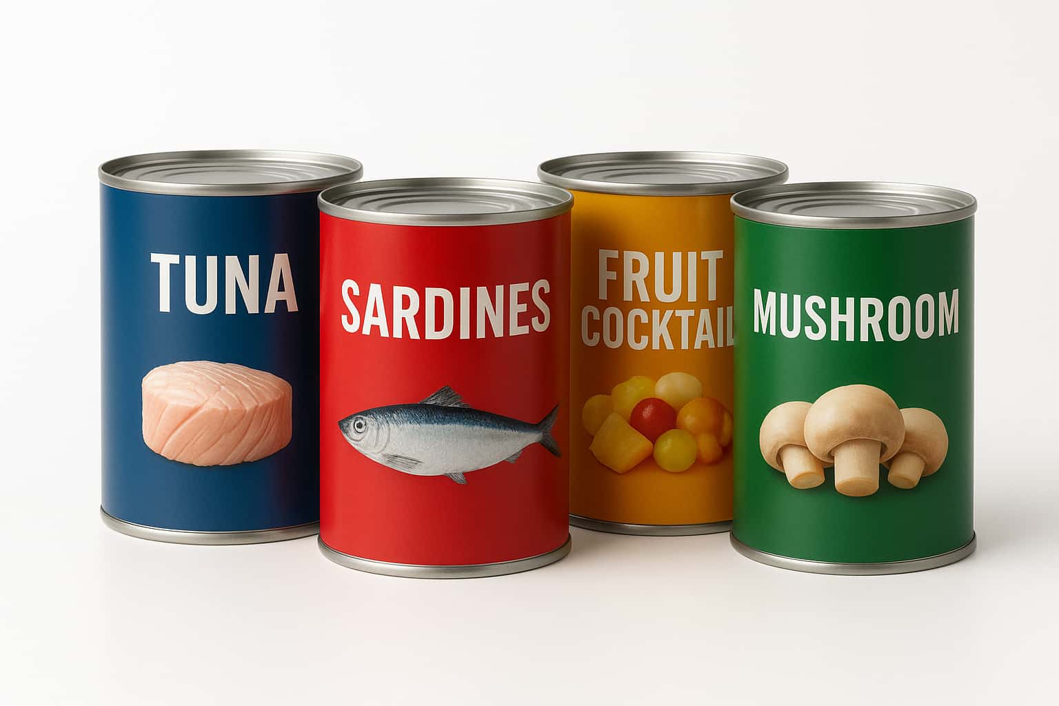 Canned Food products including tuna, sardines, fruit cocktail, and champignon mushroom from Indonesia exporter